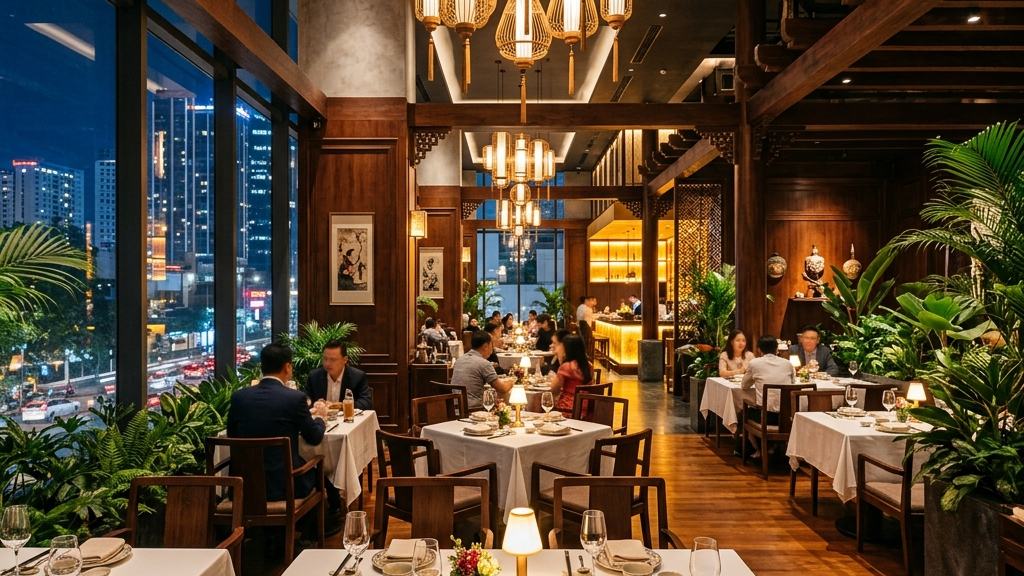 Nội thất gỗ óc chó kết hợp cùng ánh sáng đèn lồng tinh tế tại phòng VIP 1.